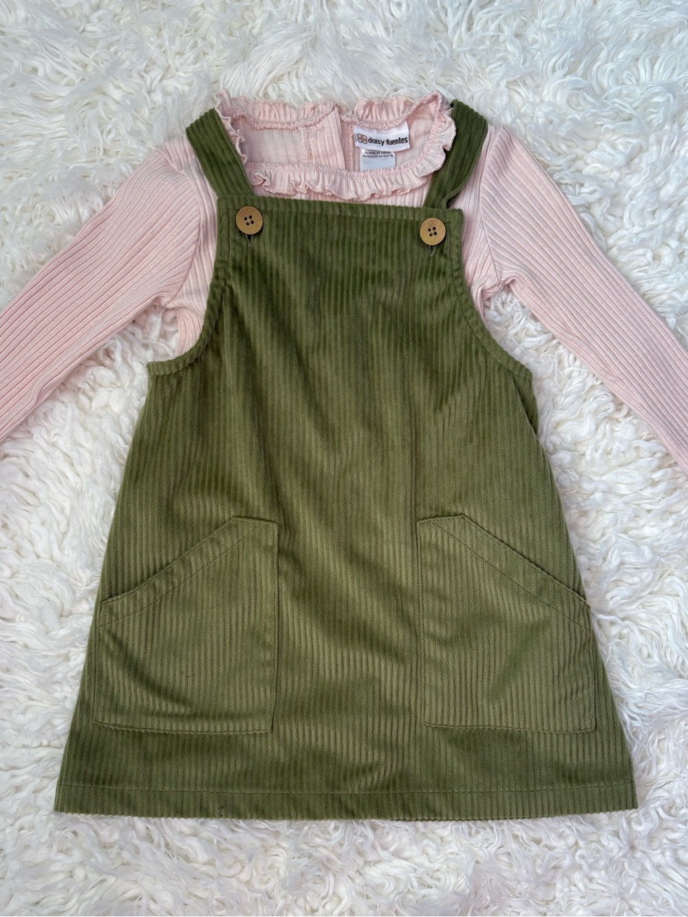 Olive Green Corduroy Pinafore Dress with Pink Long Sleeve Top